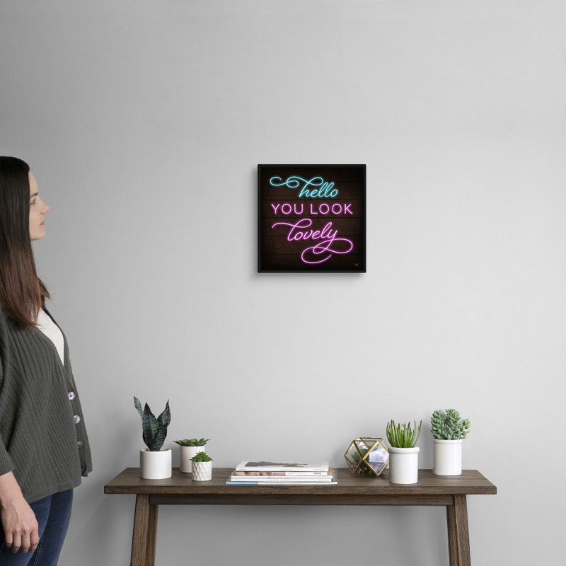 «Neon Hello Mollie B.», reproduction d'art sur toile tendue, Cadre noir, H 14 po x l 14 po x P 1,75 po
