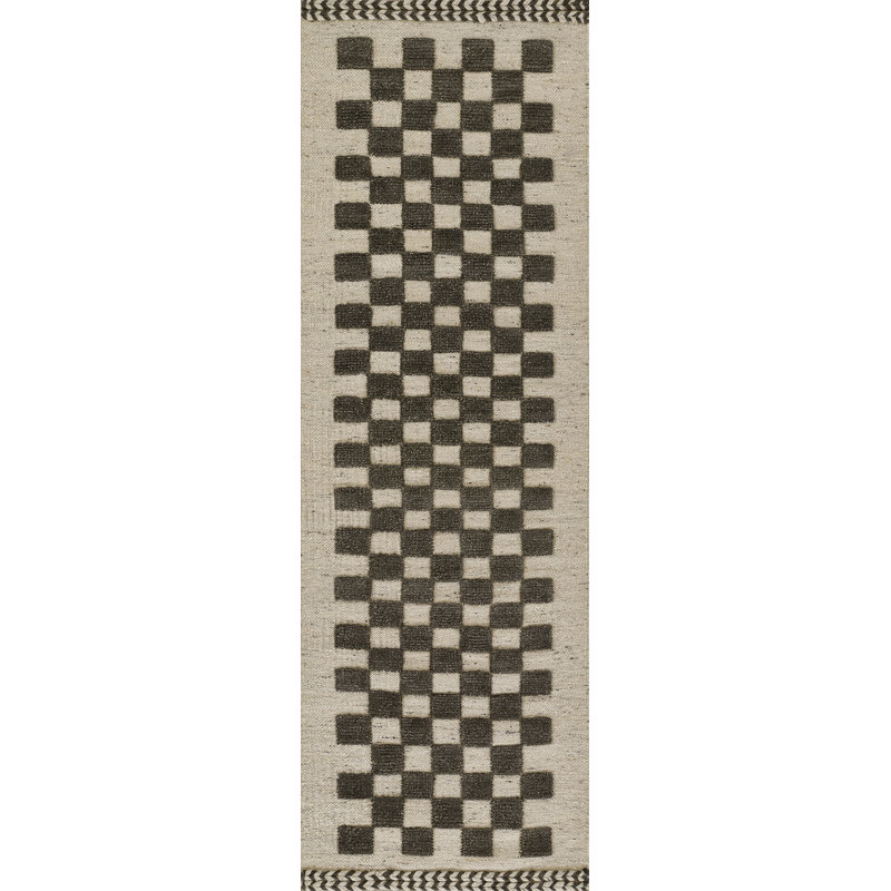 Tapis gris anthracite / beige en laine tissé à plat à la main Azle, Tapis de couloir 2 pi 6 po x 8 pi