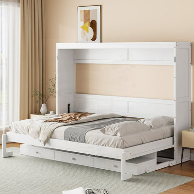 Grand lit escamotable mural avec rangement, armoire-lit pliable avec coiffeuse, miroir central et 2 tiroirs, blanc