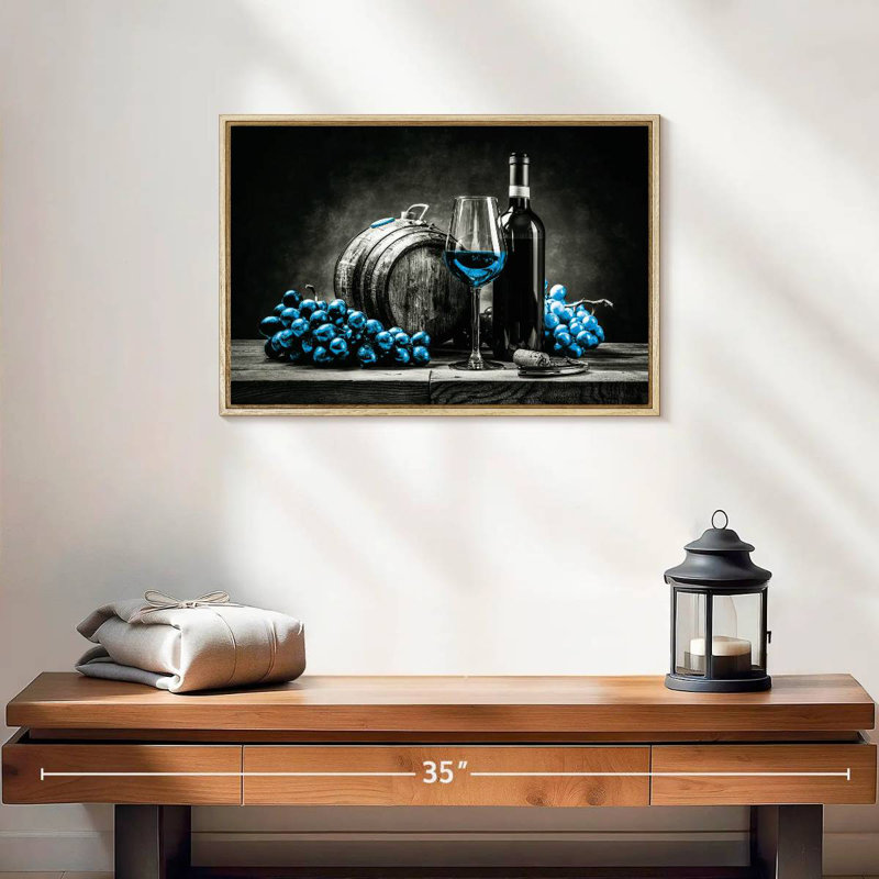 Vin et raisins - bleu éclatant, 19 po x 13 po, Cadre flottant en bois naturel