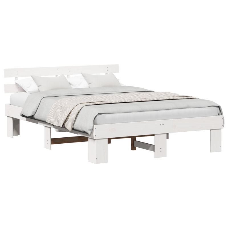 Bed Frame With Headboard Solid Wood Pine, White, European Kingsize (160 x 200 cm)