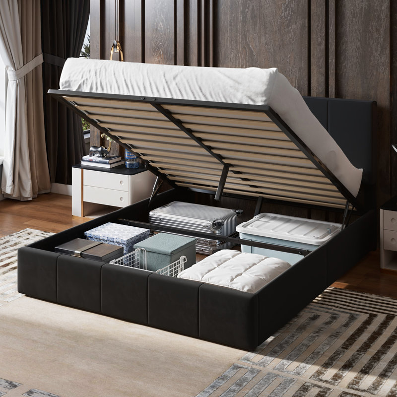 Hydraulic Lift Up Storage Velvet Upholstered Platform Bed, Black, Full