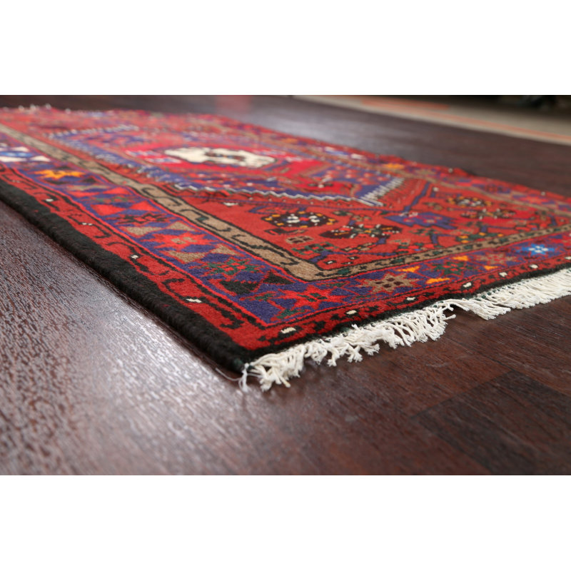 Tapis rouge en laine noué à la main de conception unique 3 pi 2 po x 4 pi 9 po Layan