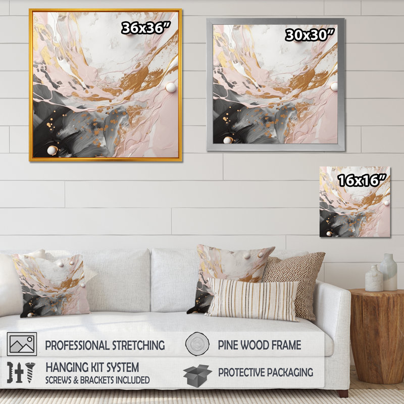 Marbre gris et rose mystérieux - impressions sur toile de marbre abstraites, H 36 po x l 36 po x P 1,5 po, Toile tendue
