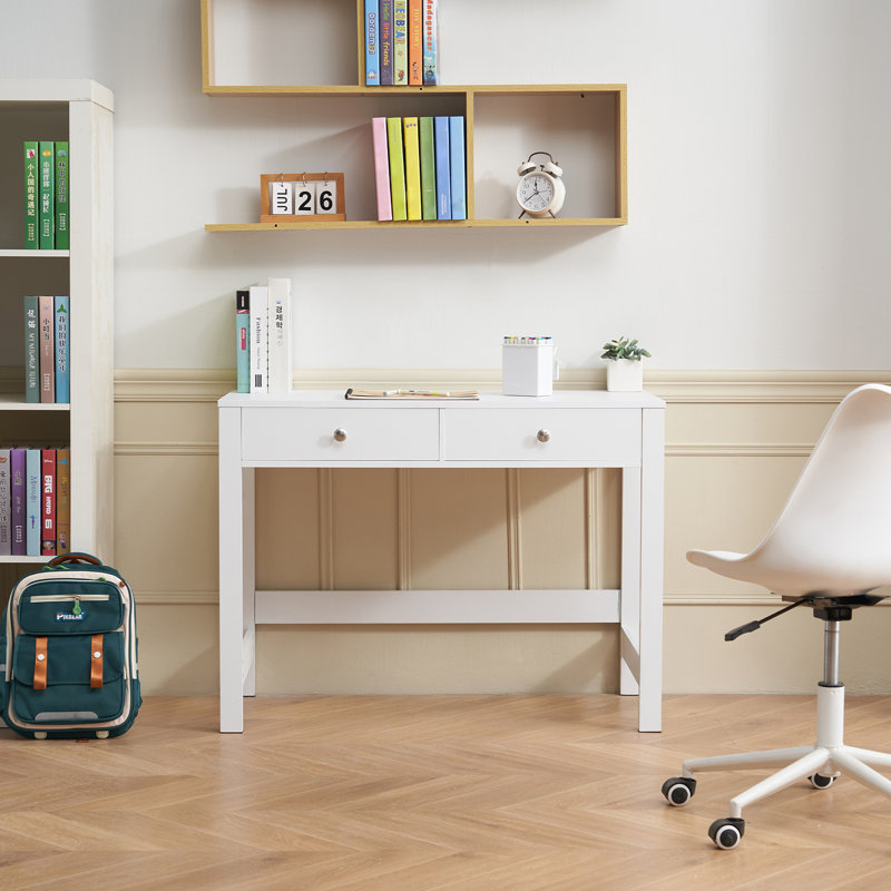 Small Desk with Drawers, Kids Desk for Bedroom, Modern Simple Study Table for Drawing, Reading, Writing, Rectangle MDF Furniture Study Storage Table for Home, Office, White