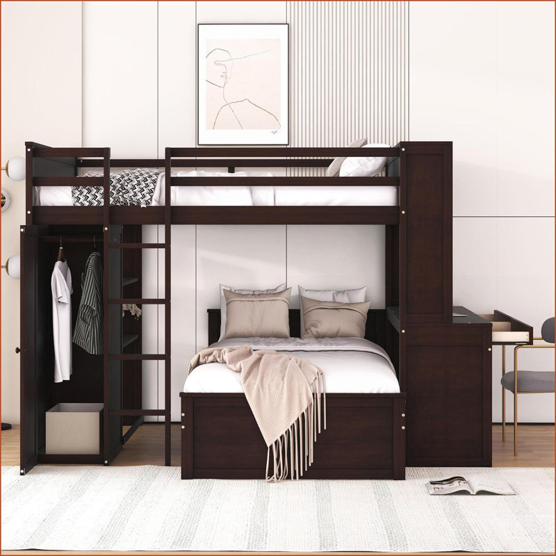 Lit mezzanine double au-dessus de simple avec tablettes de bureau et armoire espresso pour les familles en pleine croissance