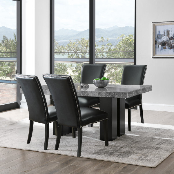 Anxhela Marble Top Four Leg Dining Set, 5 Pieces: Table, 4 Chairs, Black