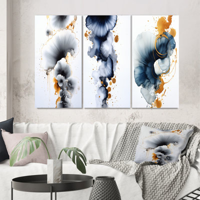 Miracle Abstract Ink Cloud Touch Of Gold I - Abstract Painting Art Set Of 3 Pieces