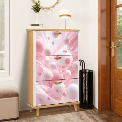 Shoe Storage Cabinet with 3 Flip Drawers for abstract art pink 3D spheres floating bubbles soft pastel Shoe Rack Storage Organizer