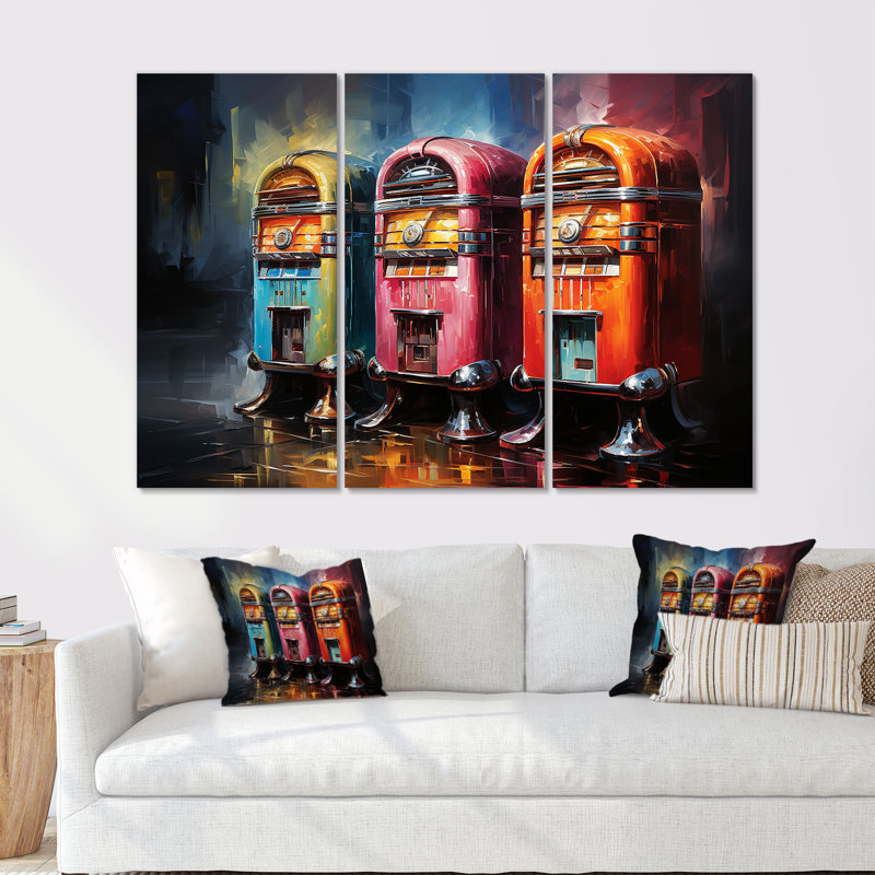 «Colorful Modern Jukebox Jams 2 - Jukeboxes», art mural, H 40 po x l 60 po x P 1 po, Toile tendue