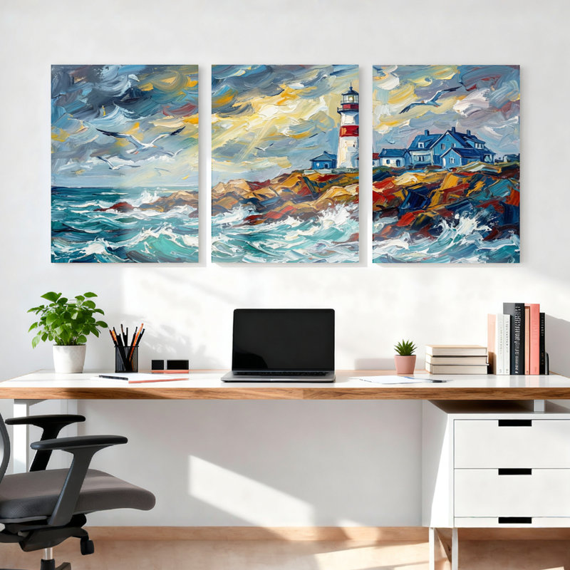 Ensemble de 3 tableaux sur toile tendue représentant des vagues, un phare et des mouettes., H 24 po x l 48 po