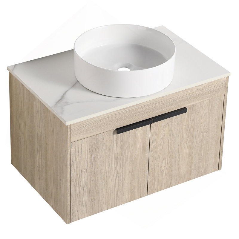 Ensemble de meuble-lavabo moderne 30 po avec lavabo en céramique, meuble-lavabo mural en chêne blanc avec porte à fermeture douce