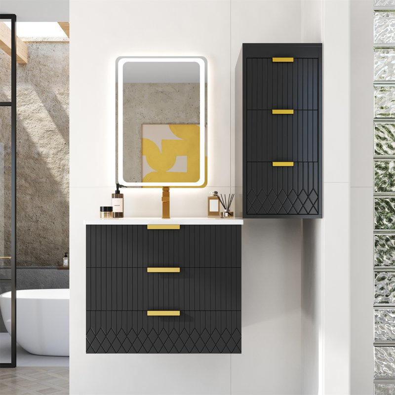 Meuble-lavabo simple mural 24 po avec comptoir en céramique, armoire latérale et tiroirs, Noir