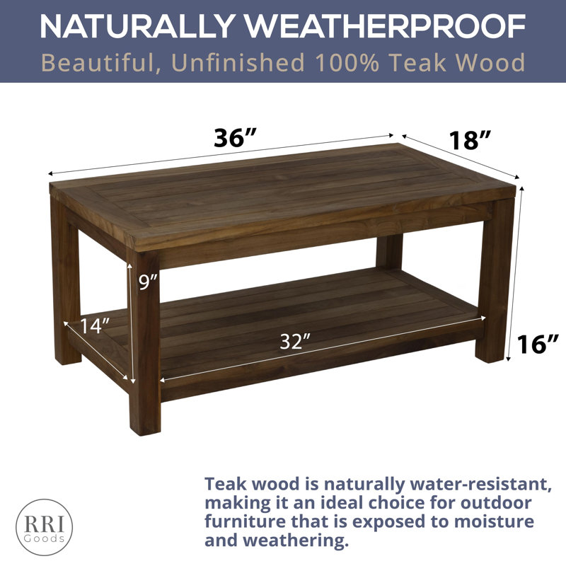 RRI Goods Teak Wood Coffee Table with Storage - Teak Oil Finished Indoor & Outdoor Furniture for Deck, Porch, Balcony, Living Room, Bedroom & Backyard (36"D x 18"W x 18"H)