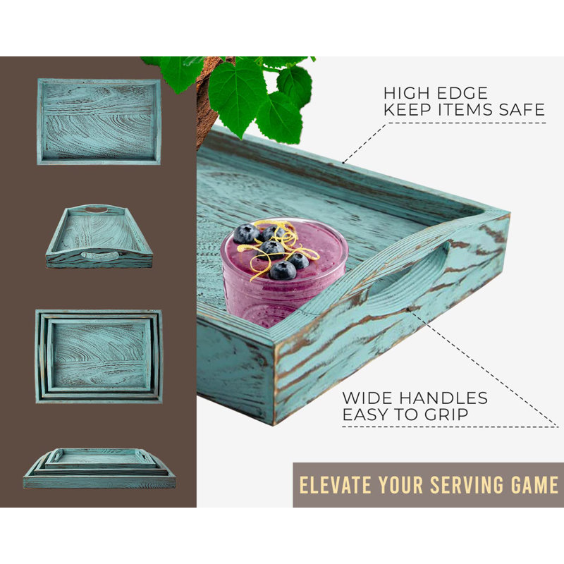 Solid Wood Tray - Set of 3, Blue