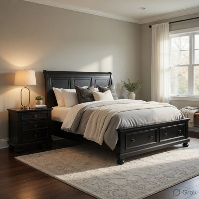 Ensemble de chambre à coucher grand lit, finition noire, lit de rangement avec tiroirs, ensemble 2 pièces avec lit et table de chevet