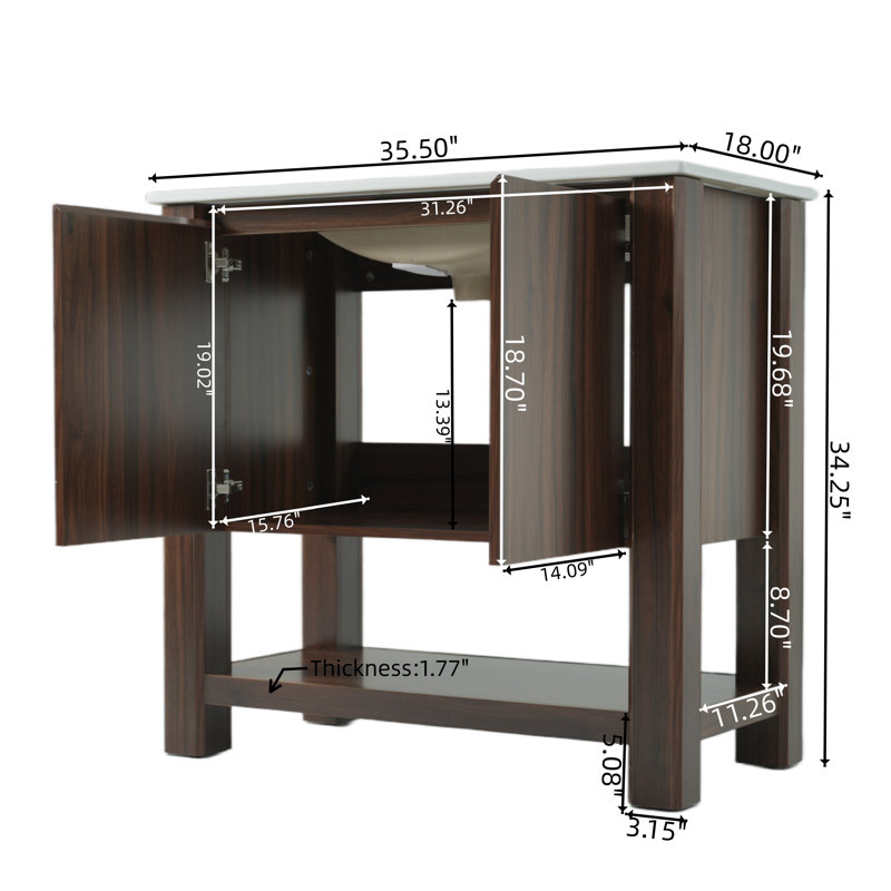 Meuble-lavabo rétro 35,5 po avec lavabo rectangulaire en céramique, portes à fermeture douce, stratifié grain de bois, Brun