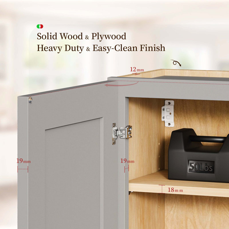 36×12×42 Inch Grey Shaker Solid Wood Wall Cabinet, Adjustable Shelf Double Door Kitchen Bathroom Cabinet, Gray