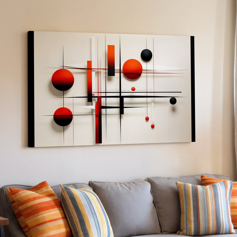 La toile crée une composition abstraite mettant en vedette un arrangement dynamique de formes d'art géométriques murales incluant de grands cercles dans une toile vibrante