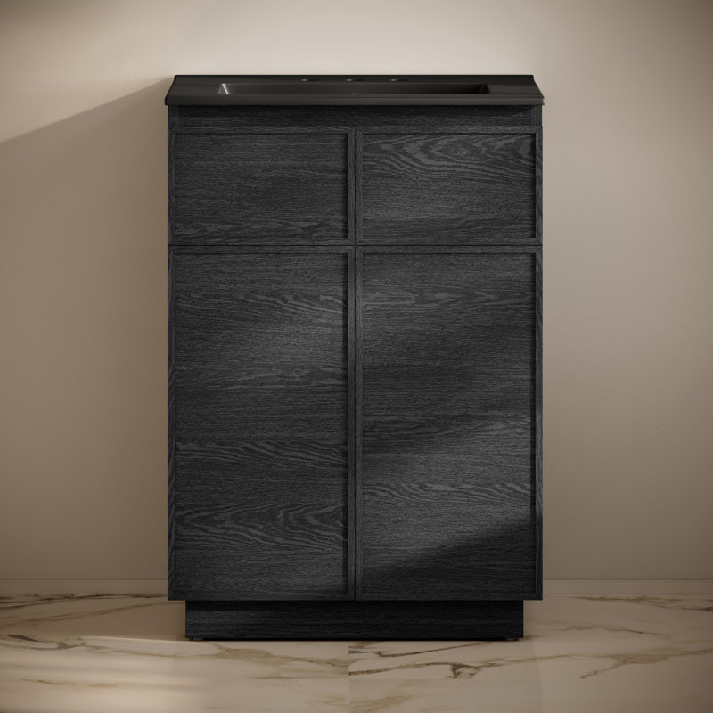 St. Tropez 24" Freestanding Bathroom Vanity In Green Oak With 3-Hole Centerset Sink Top, Black, Black, 8" Centers