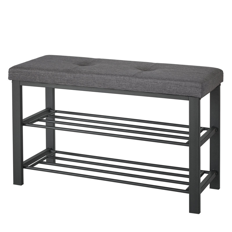 Dark Charcoal Upholstered Shoe Storage Bench with Metal Frame