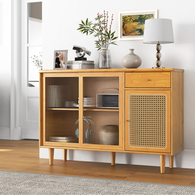 Modern Bamboo Sideboard Buffet Cabinet With Sliding Tempered Glass Doors, Rattan Storage, Drawer & 5-Leg Base