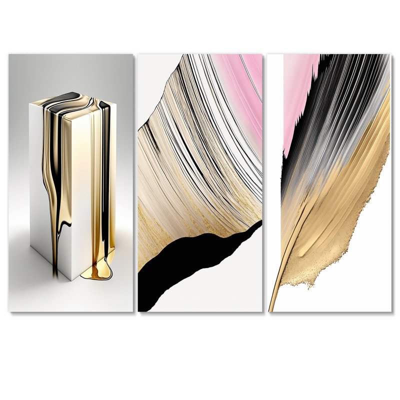 Black And Gold Cubic Expression I - Minimalism Art Set of 3 Pieces, H 28 po x l 36 po x P 1 po