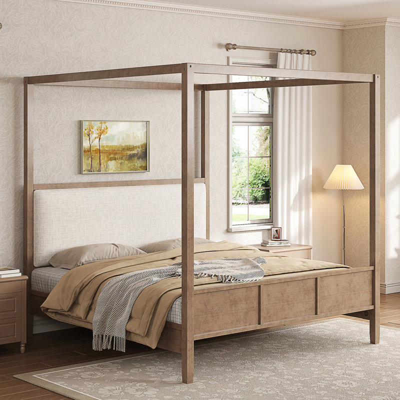 Grand lit plateforme à baldaquin en bois avec tête de lit tapissier, Natural Walnut, Grand lit
