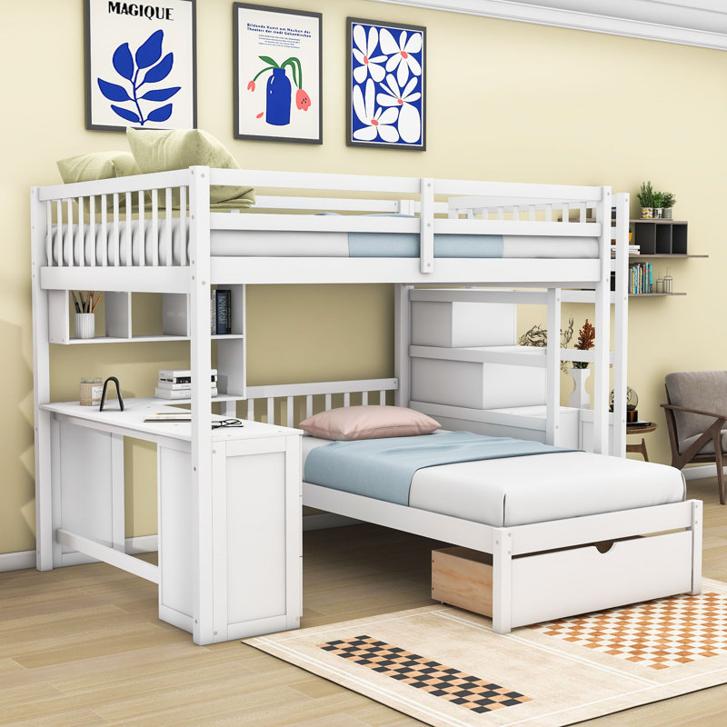 Lit superposé double en bois double avec bureau, tablettes et 8 tiroirs, Blanc