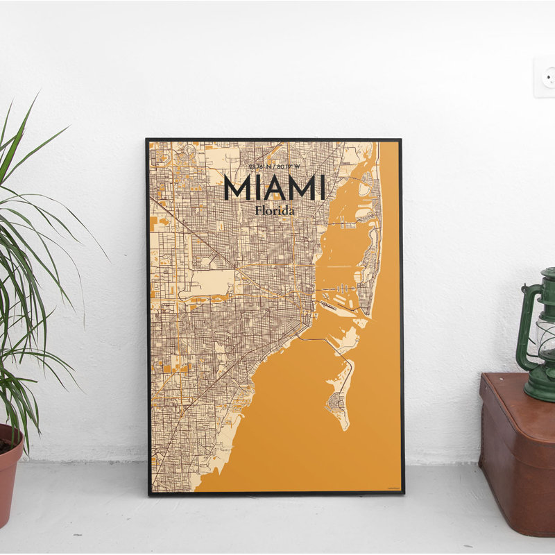 « miami city map », reproduction d’impression sur affiche, H 36 po x l 24 po x P 0,05 po