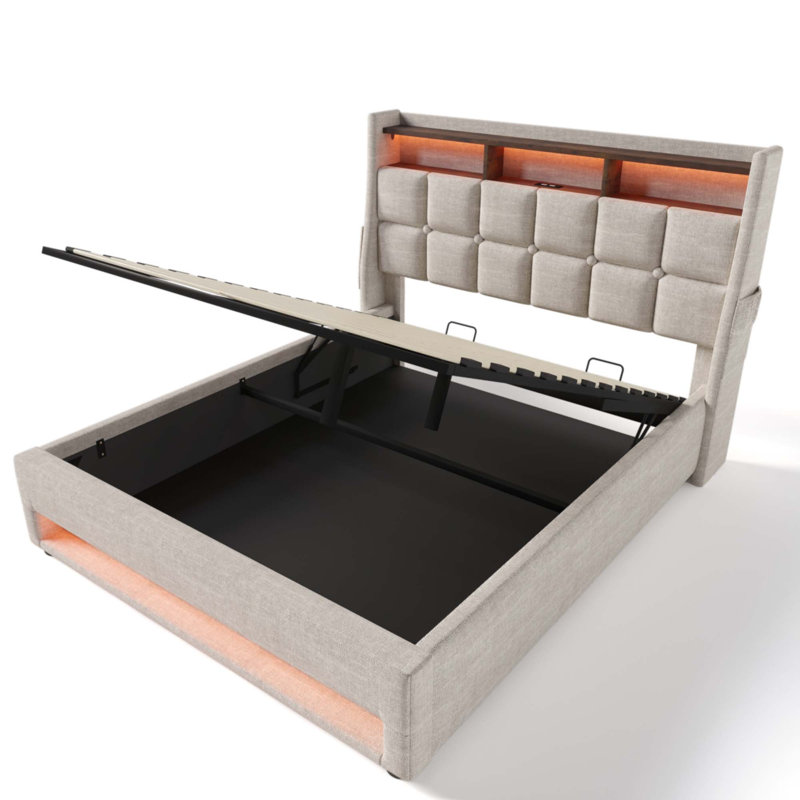 Grand lit plateforme tapissier, Naturel, Grand lit