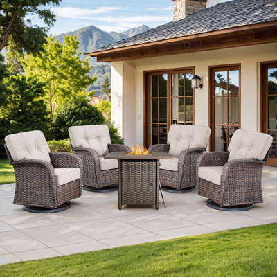 Harbor 5-Piece Outdoor Wicker Patio Furniture Set With 55,000 BTU Fire Pit Table, Swivel Chairs & Thick Cushions