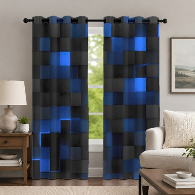 2Pcs Blue and Black Geometric Cube-Pattern Curtains, Minimalist Style Curtain, Contemporary 3D Block Printed Art Grommet Drapes, Window Treatment for Bedroom Living Room Decor