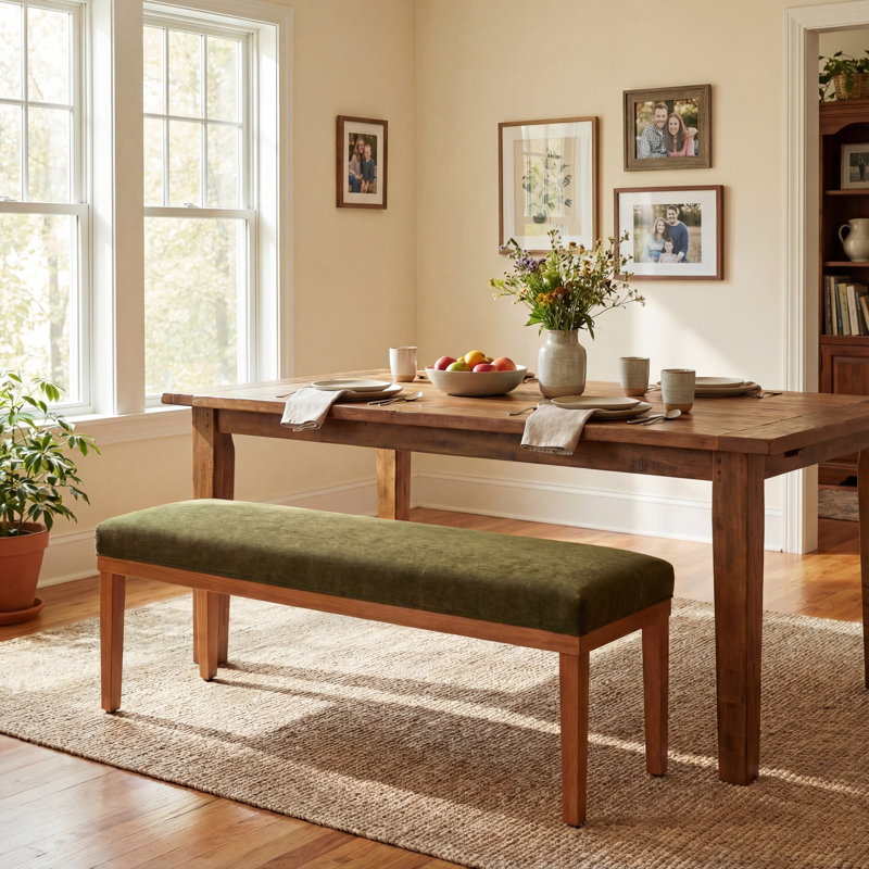 Banc de chaises de salle à manger moderne de 53 po, siège rembourré en tissu avec structure en bois massif pour table de cuisine, coin-repas et café, vert