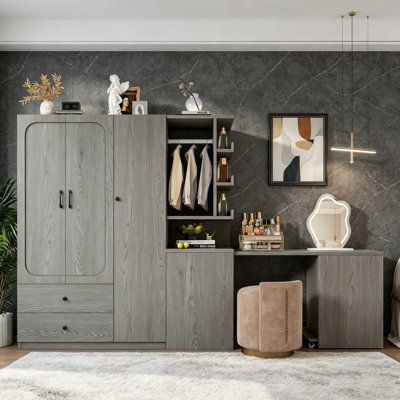 Multifunctional Wardrobe Closet,  Closet With Folding Vanity Desk, Drawers And Open Shelves, 3-Door Armoire With Hanging Rod, Dressing Table Storage Cabinet For Bedroom, White And Grey