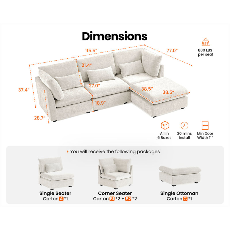 4 Seat L-shaped Chenille Sofa Oversized Modular Sofa Extra Deep Cloud Corduroy Sectional Couch With Ottoman Chaise Fsc Certified Fluffy