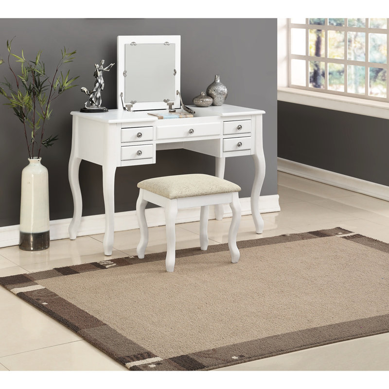Coiffeuse moderne blanche avec tabouret, placage en peuplier, miroir ouvrant, pieds originaux, plateau supérieur pour chambre à coucher. Tabouret classique de style contemporain, blanc, contreplaqué, tiroirs, assise rembourrée.