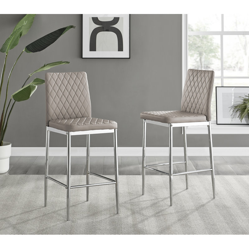 Milton Luxury Breakfast Bar Stool in Quilted Design Faux Leather - Modern Chic Kitchen, Silver, Cappuccino