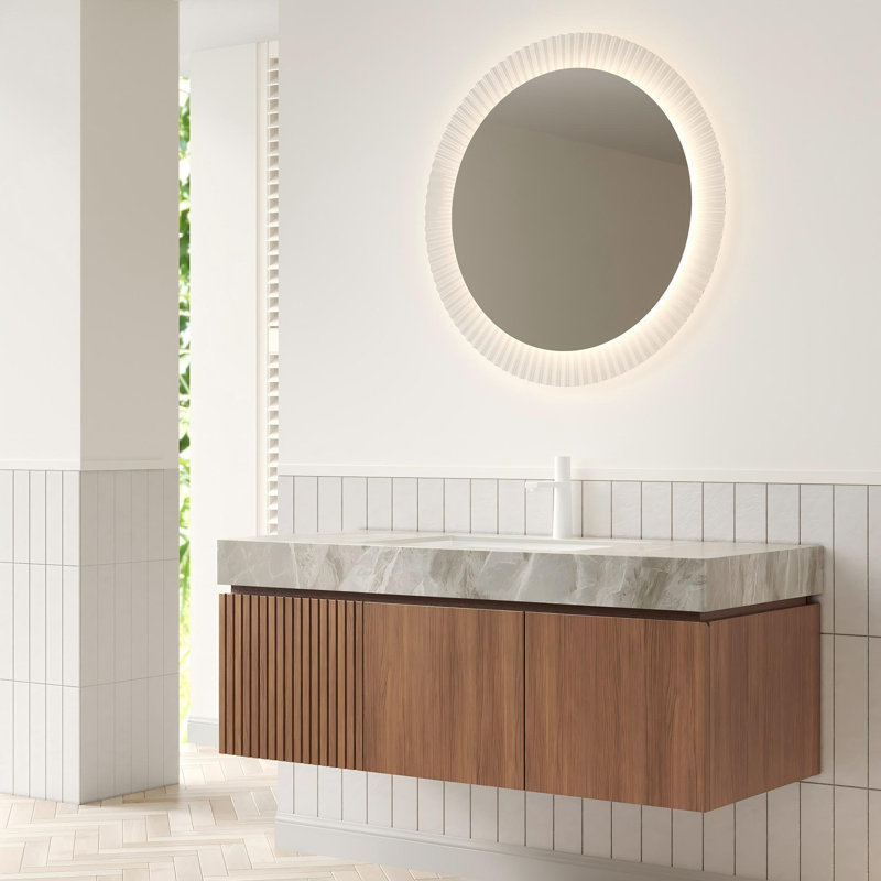 48" Modern Italian-Style Wall Mounted Oak Texture Bathroom Vanity  With Sintered Stone Countertop-Pre-assembled, Oak