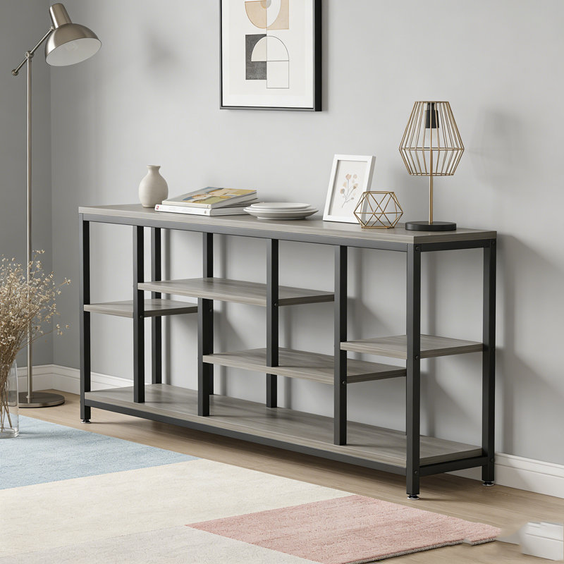 Entryway Sofa Table with Storage Shelves, Gray & Black
