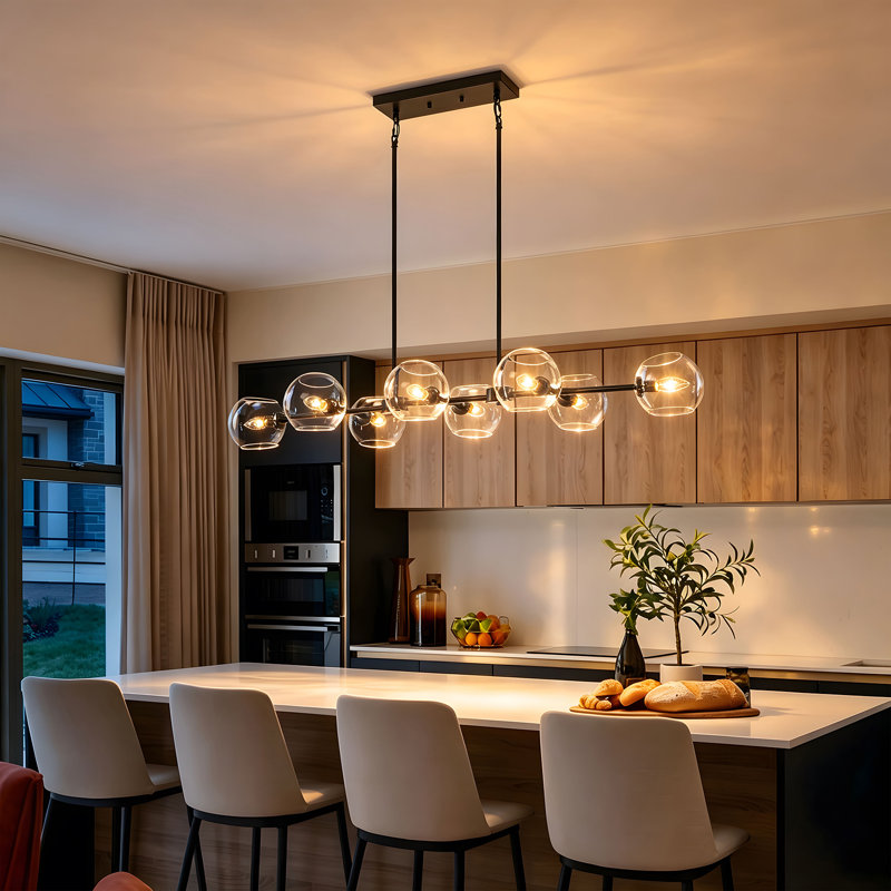 Suspension moderne noire linéaire à 8 lumières pour îlot de cuisine avec globes en verre transparent, Noir