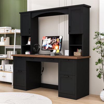 Bureau d'ordinateur arqué avec huche, poste de travail de bureau à domicile avec station de charge, tiroir classeur et plateau à clavier