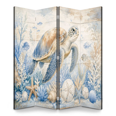 4 panneaux de paravent pliant paravent Tortue de mer royale, récif de corail, étoile de mer, coquillages, couleurs côtières douces, toile, séparateur de pièce, cloison de protection autoportante, cloison d'intimité pour salle de bain