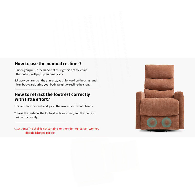Heat Massage Manual Recliner Chair With Rocker And Swivel In Fabric For Living Room, Orange