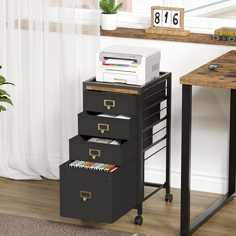 Classeur à 4 tiroirs à roulettes avec roulettes, armoire de rangement verticale en tissu MDF, organiseur mobile sous le bureau pour documents de format A4 et lettre pour le bureau à domicile, noir