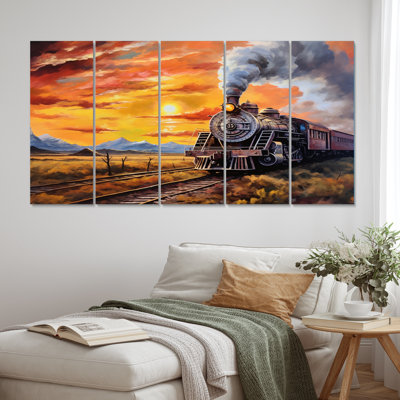 Steamtrain Travelling In The Sunset Landscape III - Train Canvas Art Print - 5 Equal Panels