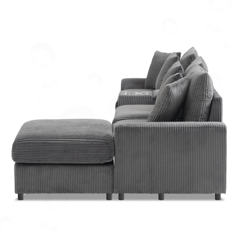 Canapé modulaire en L avec console 5 pièces Thalune, Velours côtelé gris foncé