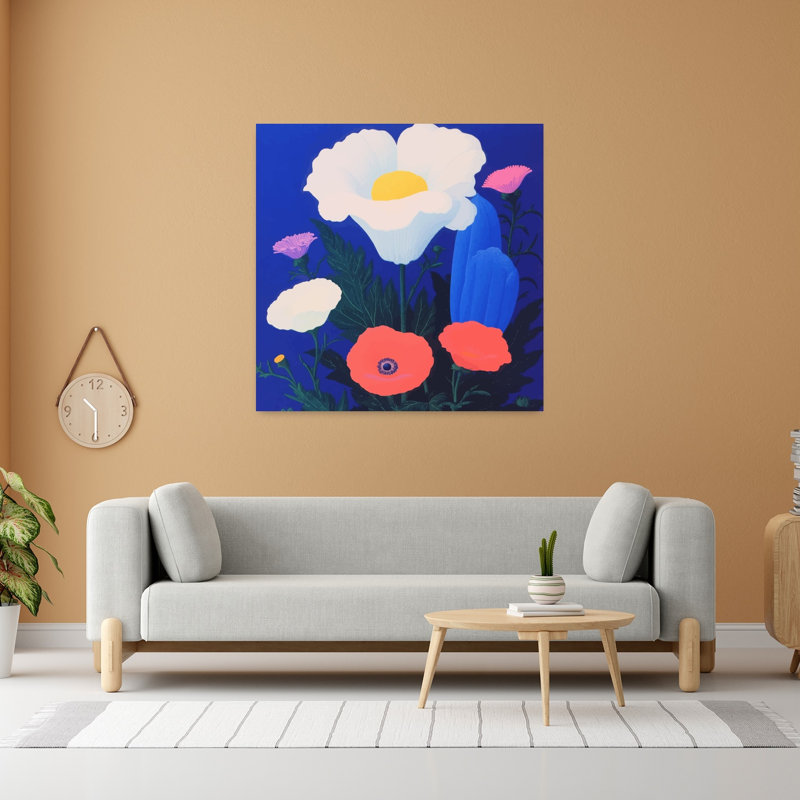 «Vibrant Poppies on Blue», art moderne de paysage de fleur de coquelicot, H 48 po x l 48 po