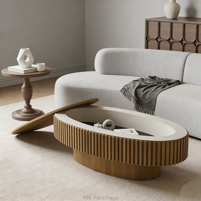 Table basse ovale avec rangement 47 po, placage en bois massif, brun