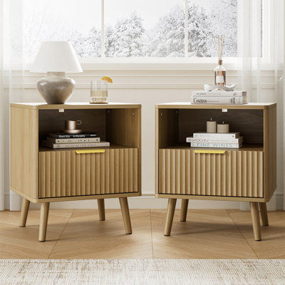 Fluted Nightstands Set Of 2, With Curved Profile Design, End Table W/Storage, Bedside Table For Bedroom, Living Room